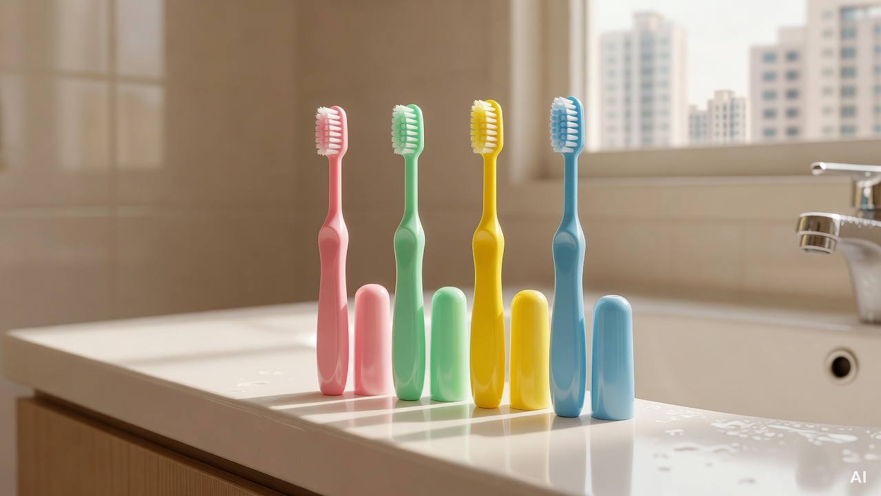 colorful children's toothbrush set arranged on a bathroom counter