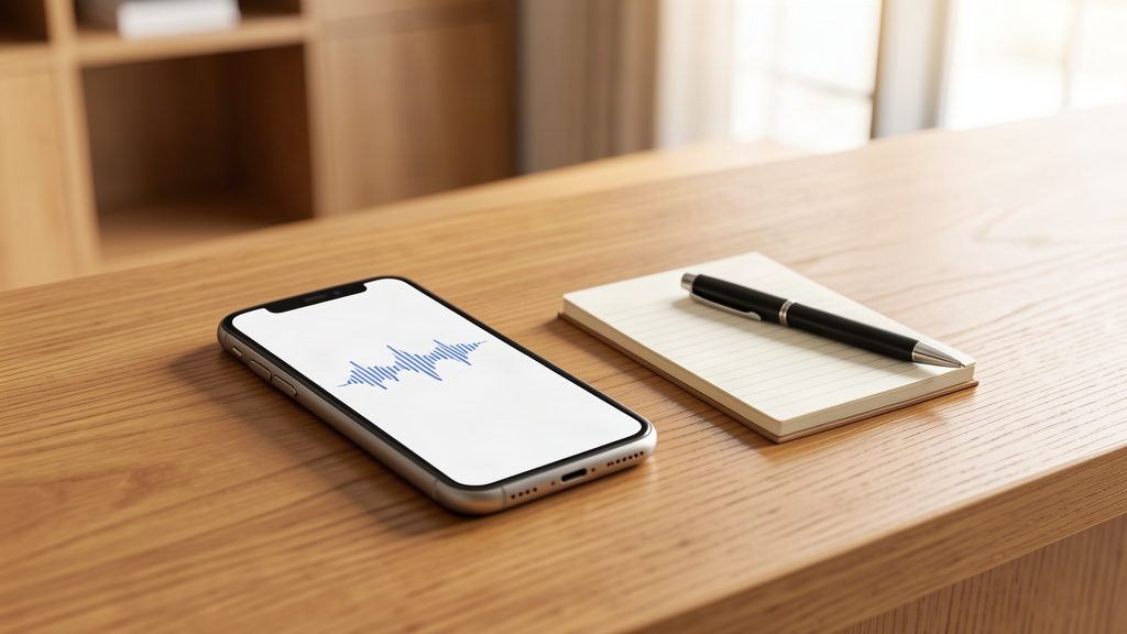 A smartphone on a reception desk mid-call, a simple voice waveform on its screen with a notepad and pen beside it