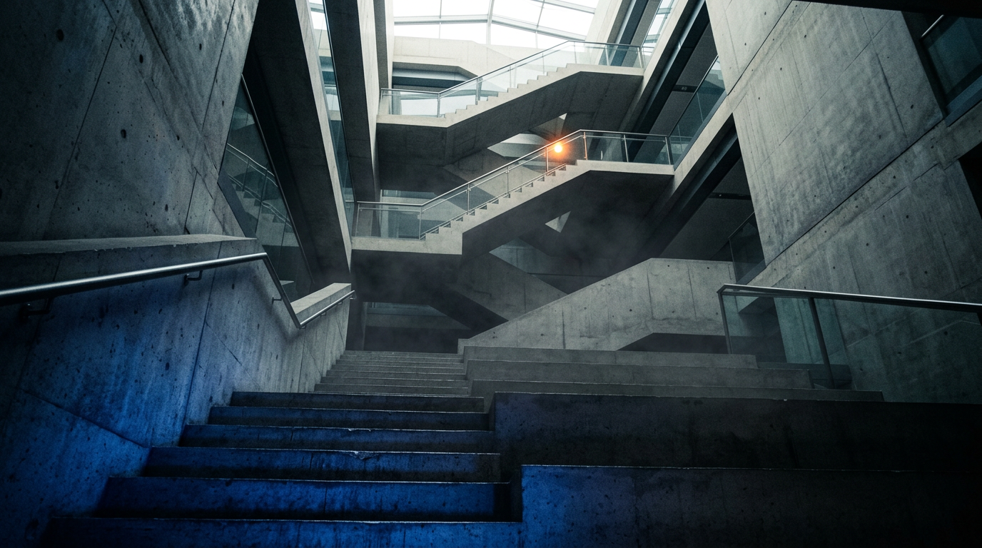 Betonnen trap in een modern kantoorgebouw, van donker naar licht
