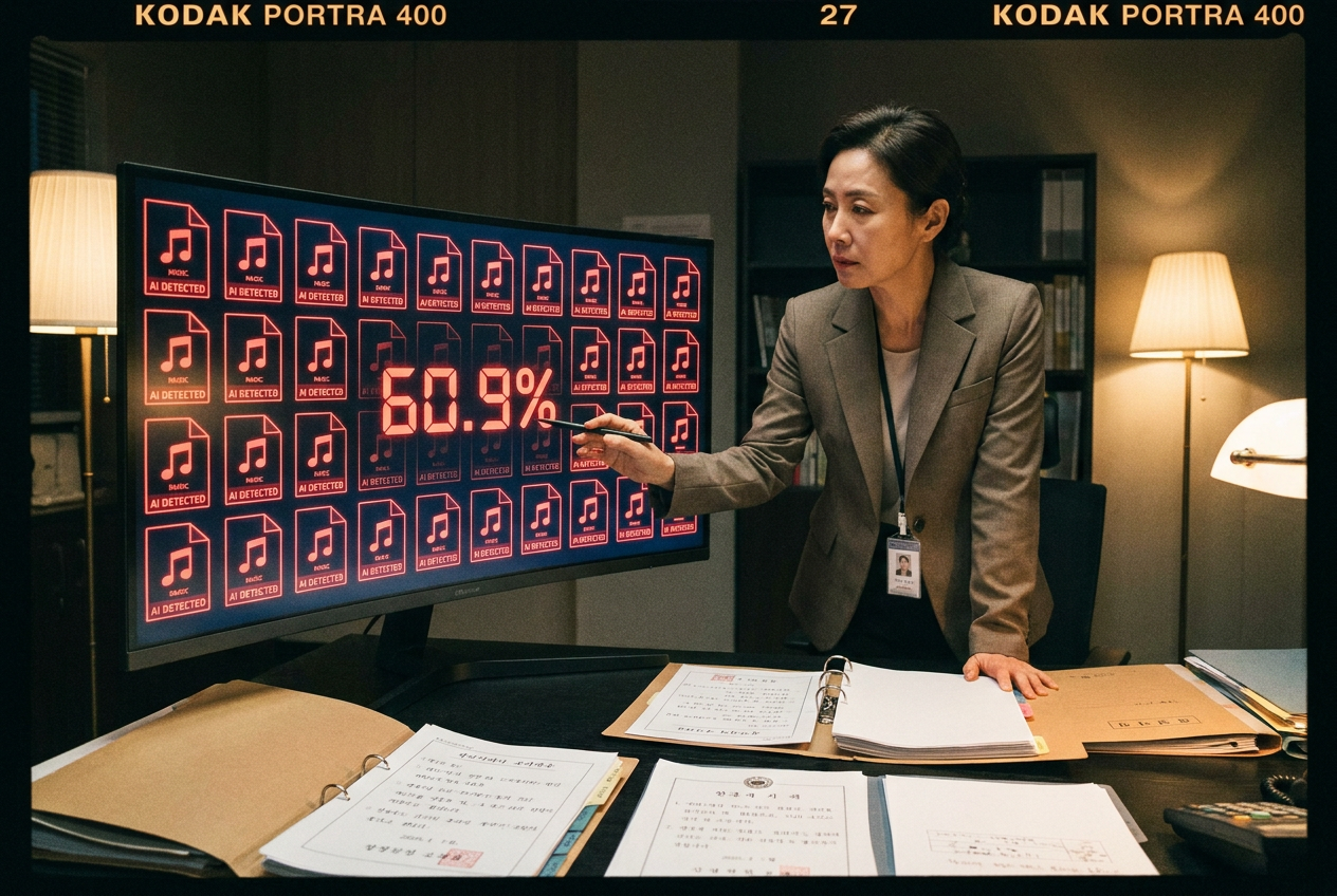 A government auditor reviewing a wall of digital music files with AI detection indicators glowing red, a large percentage counter reading 60.9% on a screen, modern office with Korean text on documents scattered across a desk