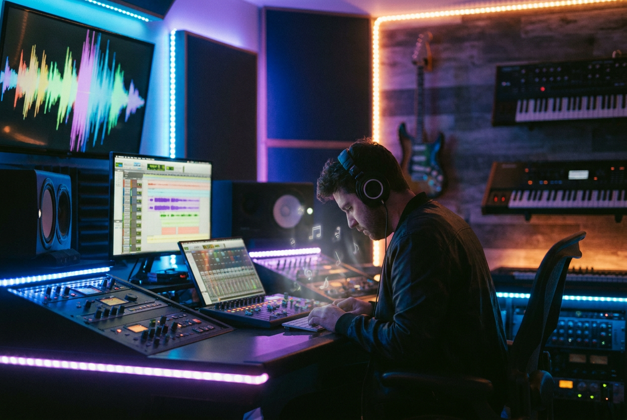 A K-pop producer in a sleek modern studio with multiple screens showing AI music production software, colorful LED accent lighting, musical instruments mounted on the wall, the producer wearing headphones and working at a keyboard, holographic music notes floating in the air