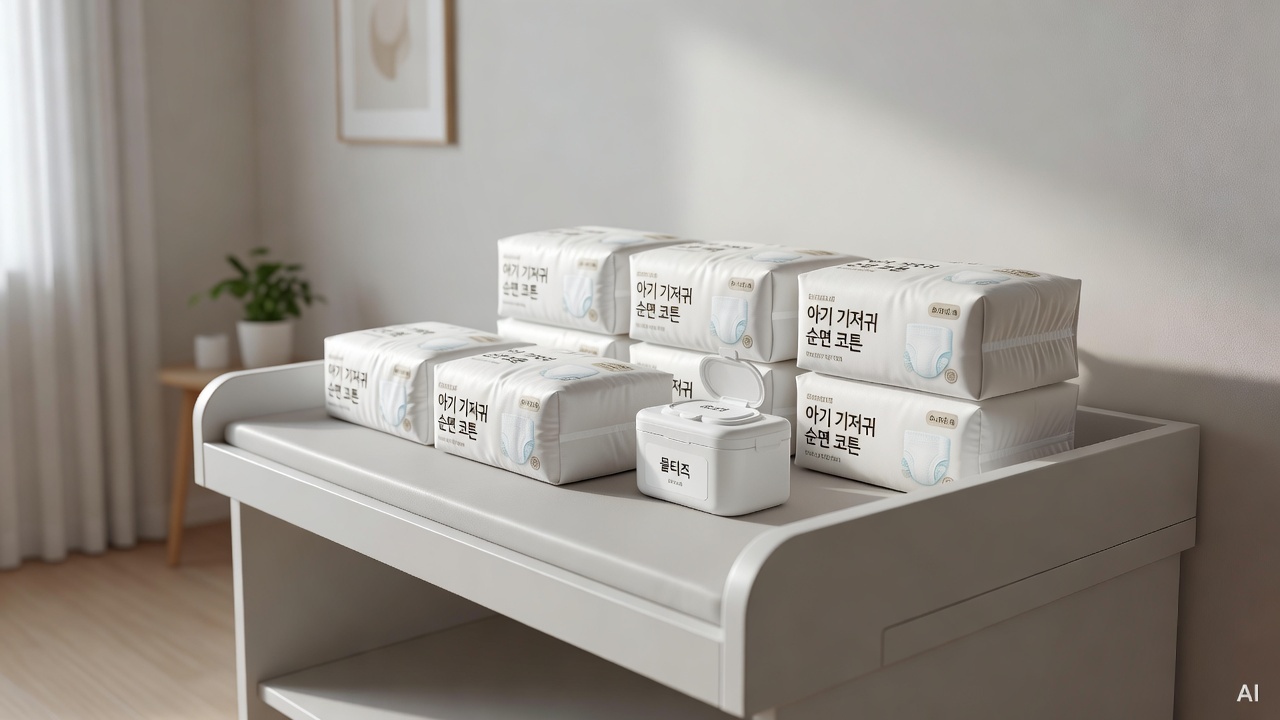 clean white changing table with diapers and baby wipes arranged neatly