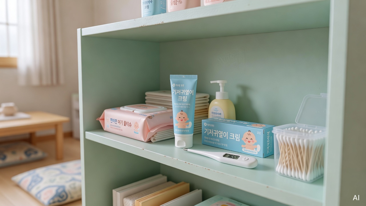baby care items including diaper rash cream and digital thermometer on a pastel-colored shelf
