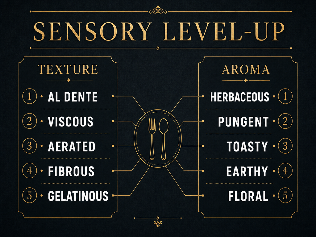 A culinary sensory vocabulary map featuring professional texture and aroma descriptors like Al Dente, Viscous, Herbaceous, and Pungent for food reviews.