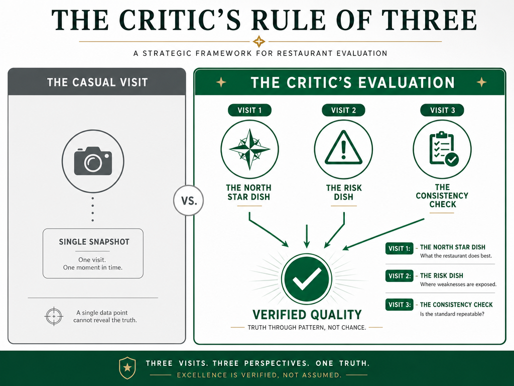 Strategic diagram comparing a single casual restaurant visit to the professional 'Rule of Three' method involving North Star and Risk dishes.