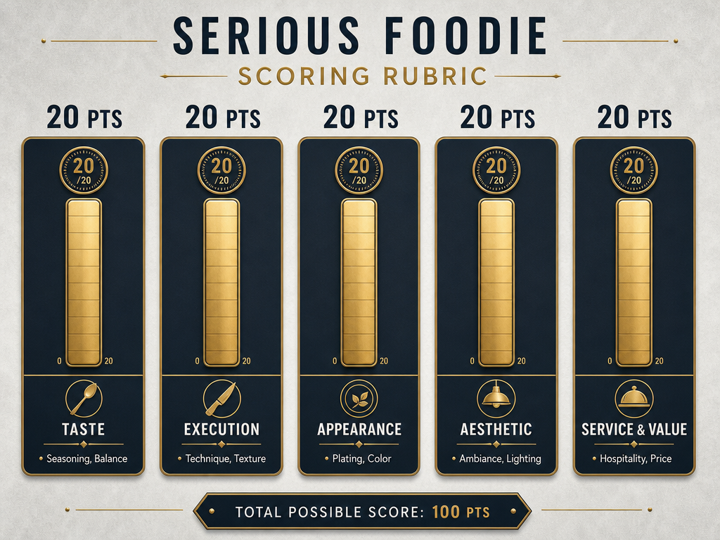 Professional 100-point food critic rubric showing five 20-point categories including Taste, Execution, Appearance, Aesthetic, and Service Value.