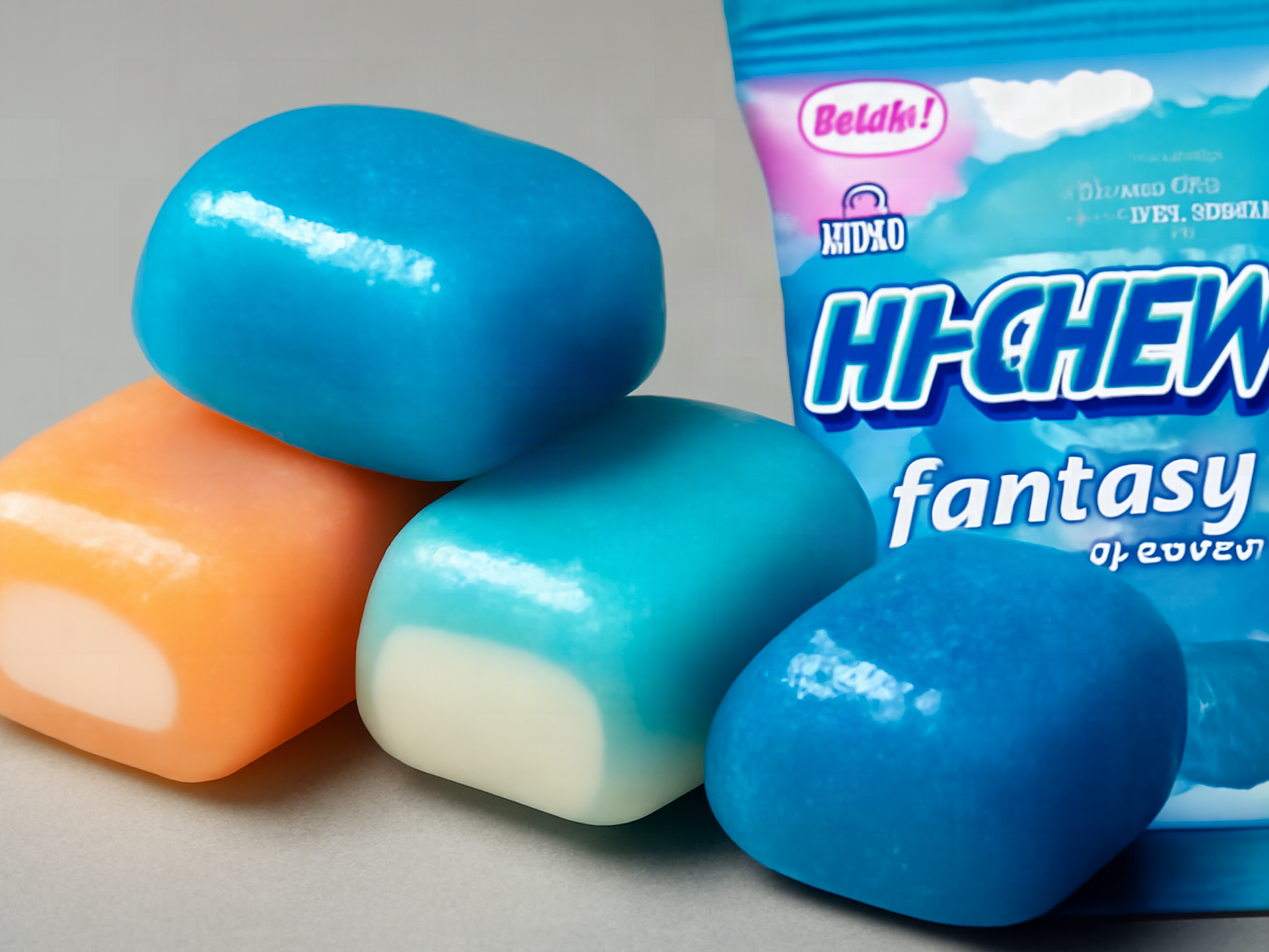Macro close-up of colorful Hi Chew candies stacked together showing rainbow sherbet, blue hawaii, and blue raspberry varieties