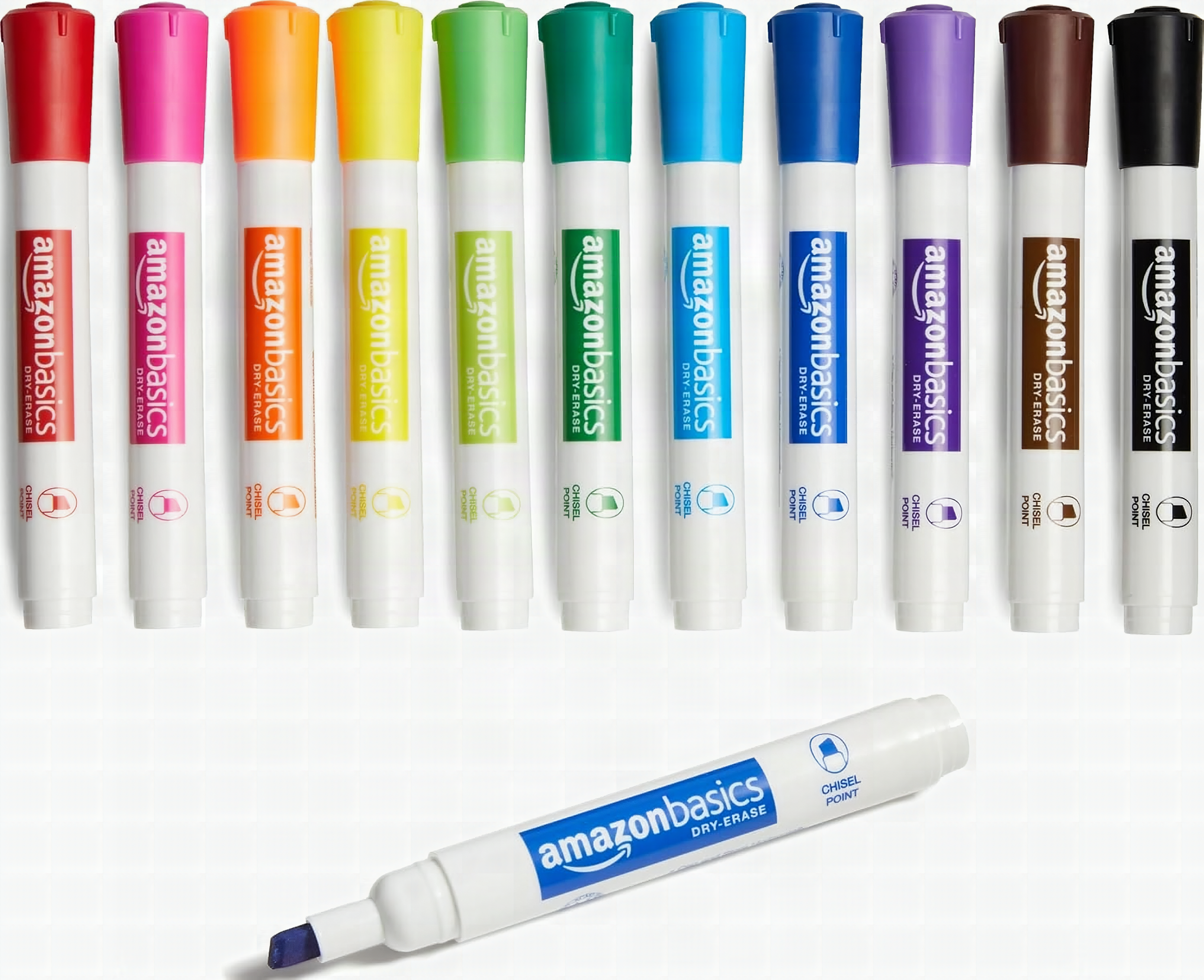 Macro close-up of stacked Amazon Basics dry erase markers showing vibrant assorted colors and chisel tips in sharp detail