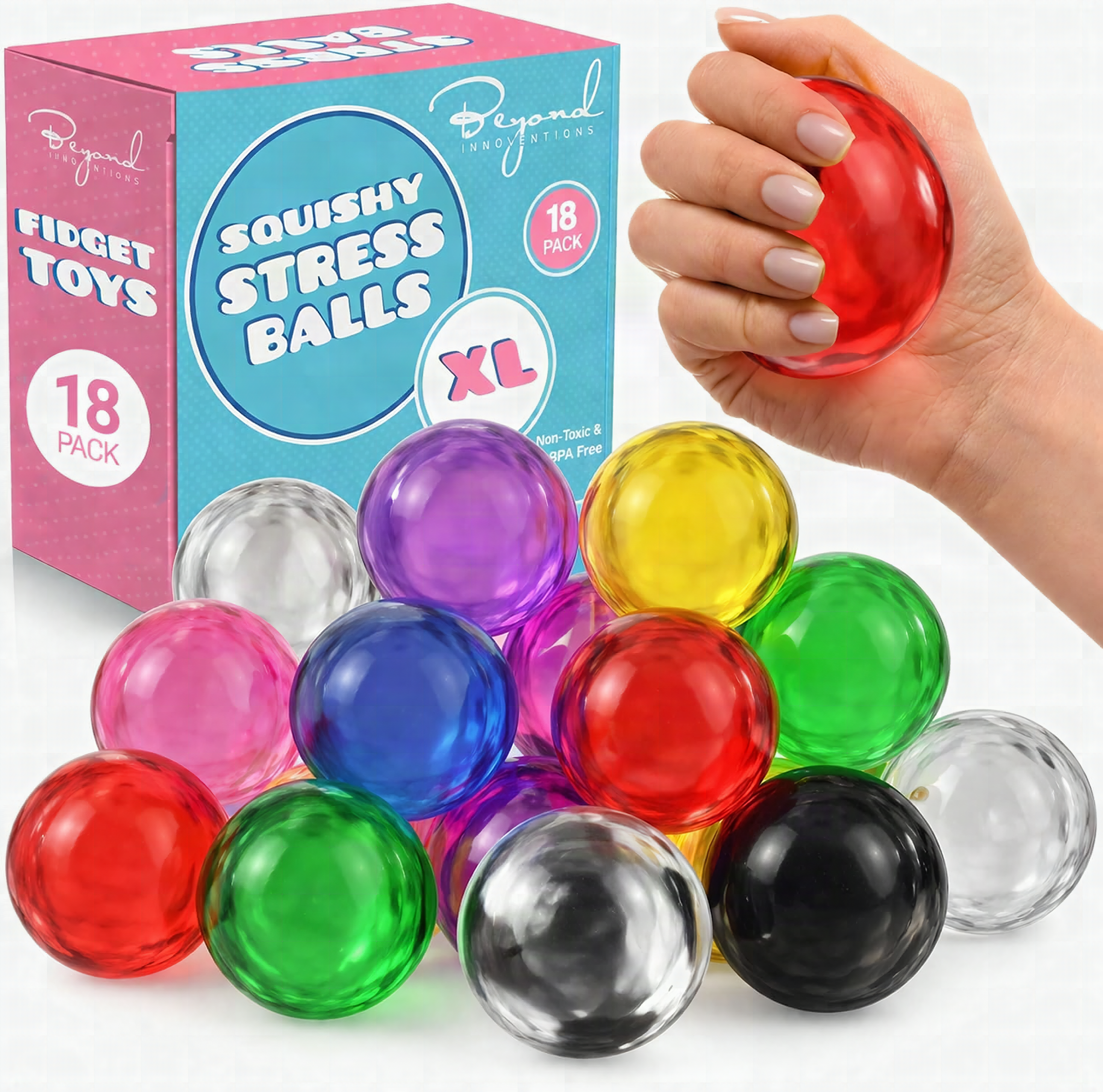 Macro close-up of five colorful XL squishy stress balls with textured surfaces in neon pink, blue, green, purple, and orange