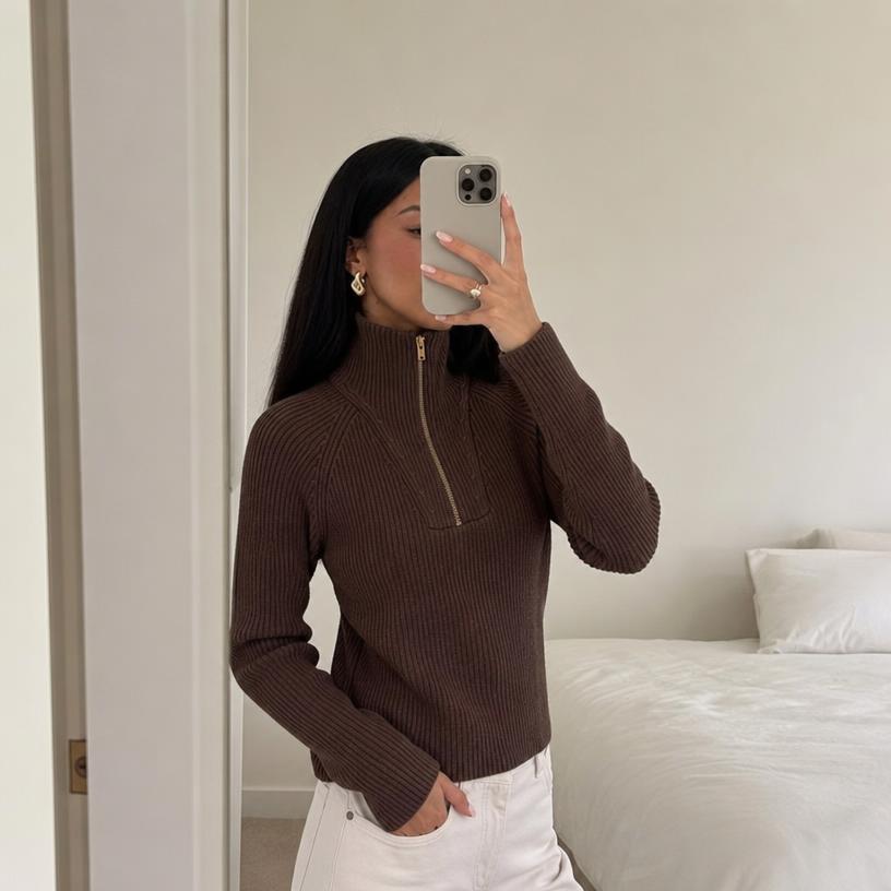 Brown Ribbed Zip-Up Knit Cardigan with High Neck — Vinted listing photo example