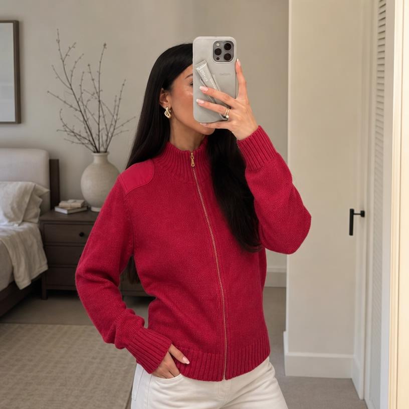Red Ribbed Knit Zip Cardigan with Gold Hardware — Vinted listing photo example