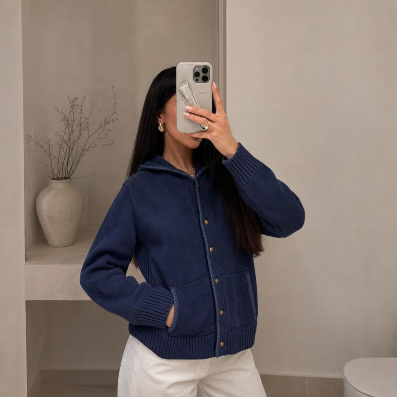 Navy Blue Knitted Cardigan with Polo Collar & Gold Buttons — Vinted listing photo example