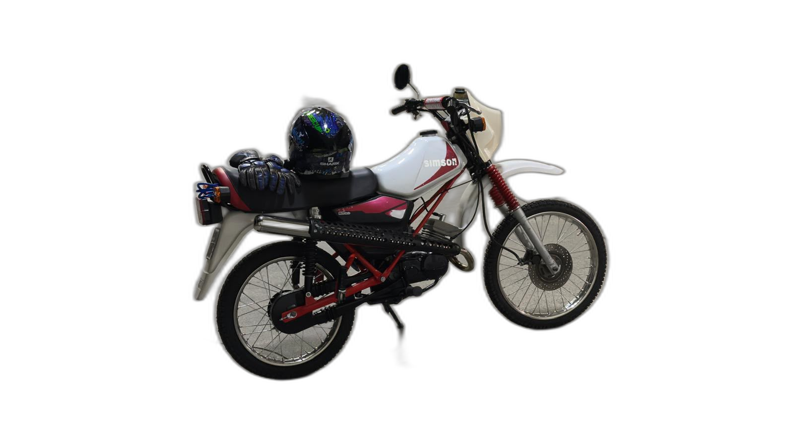 white and red Simson motorcycle with helmet — free 3D model