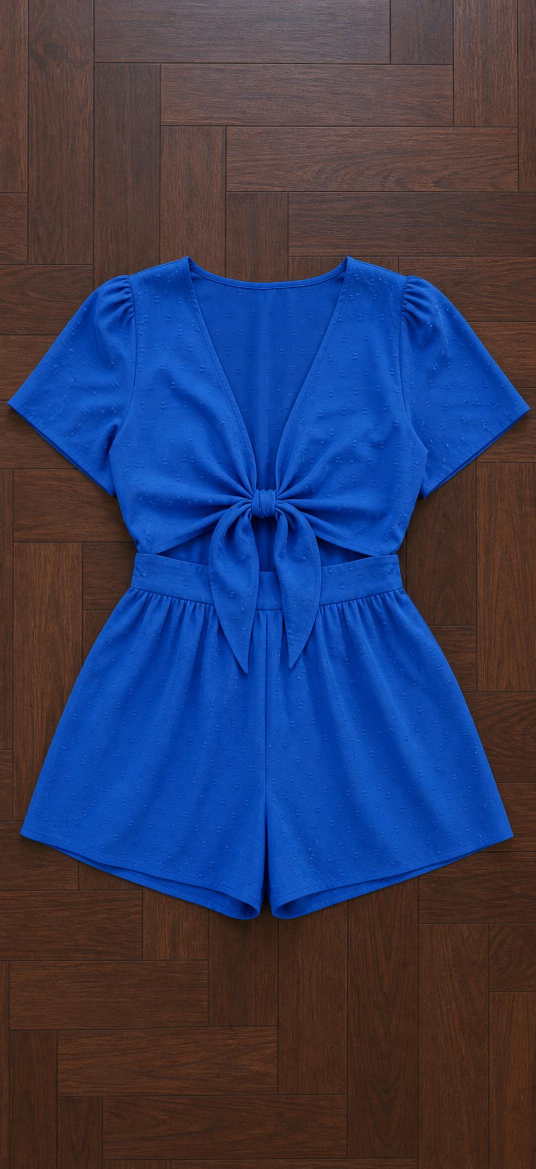 Royal Blue Textured Tie-Front Romper with Puff Sleeves — Vinted listing photo example