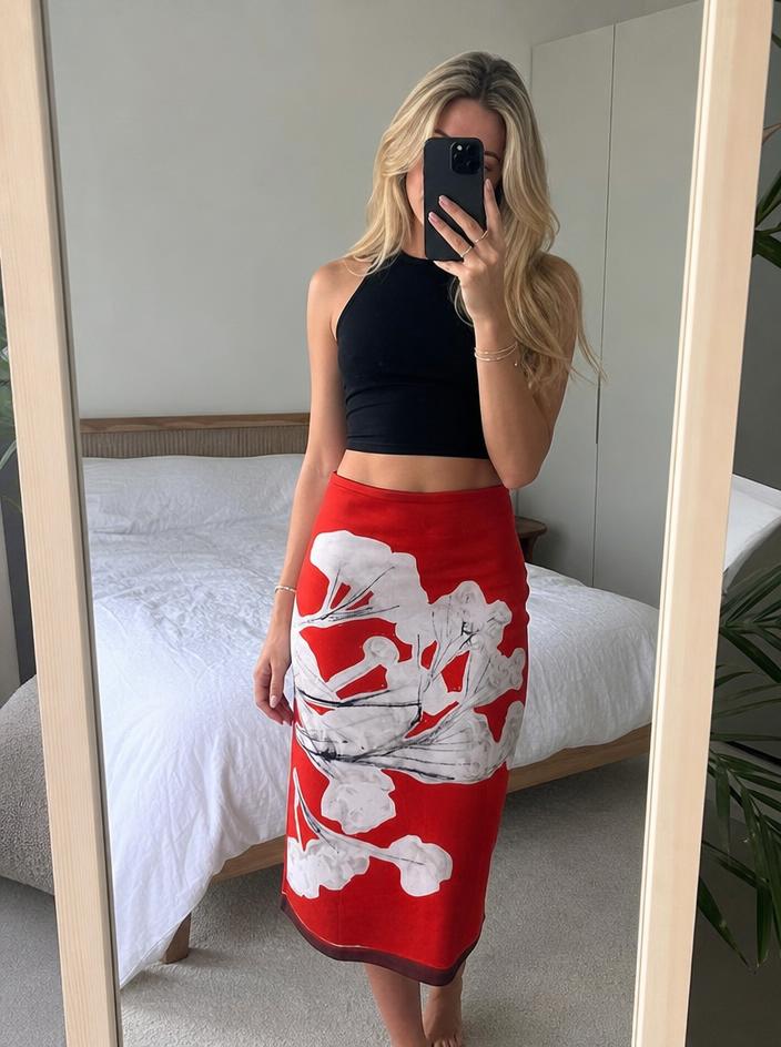 Red Floral Midi Skirt with Side Zip – Very Good Condition — Vinted listing photo example
