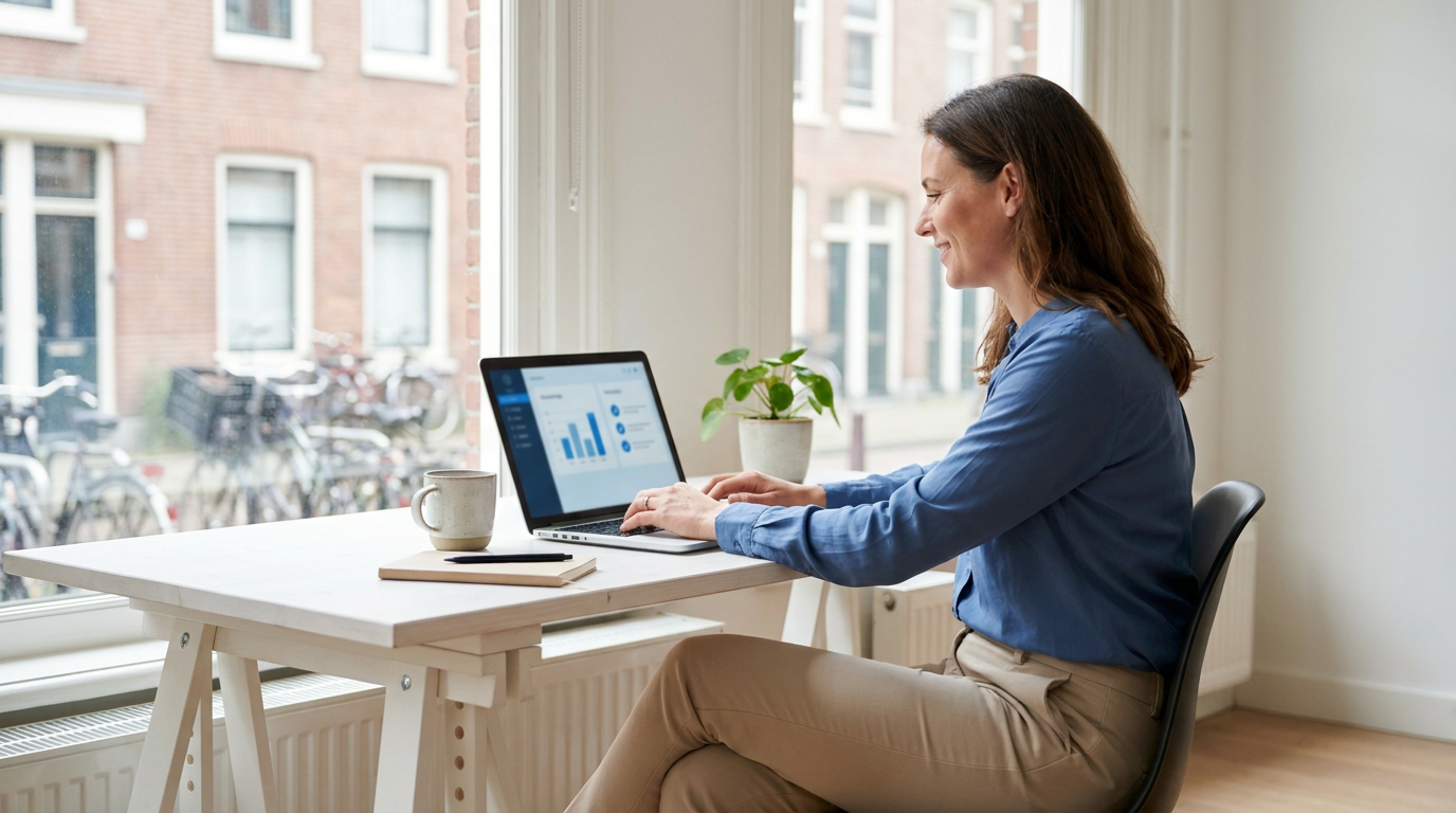 Ondernemer werkt rustig achter een laptop die een overzicht van beantwoorde gesprekken toont