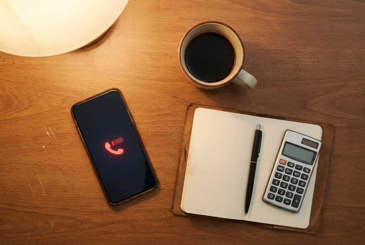 Bureau met smartphone die een gemiste oproep toont, naast een rekenmachine en notitieblok