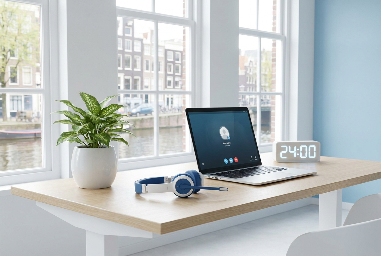 Headset op een modern bureau naast een laptop en plant, symbool voor 24/7 telefonische bereikbaarheid