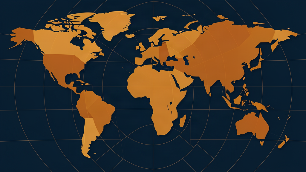 Abstract world-map inspired geometric composition in amber and navy