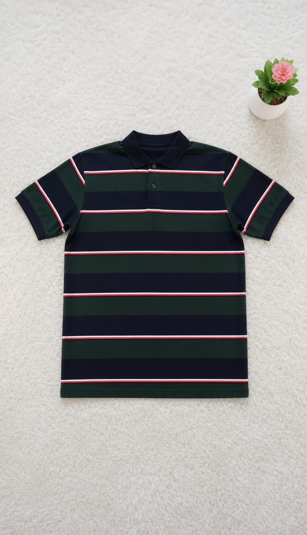 Striped polo shirt navy green red white colour block — Vinted listing photo example
