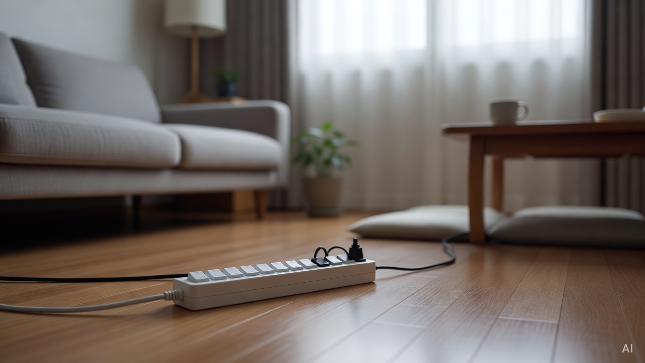 power strip with individual switches on a living room floor