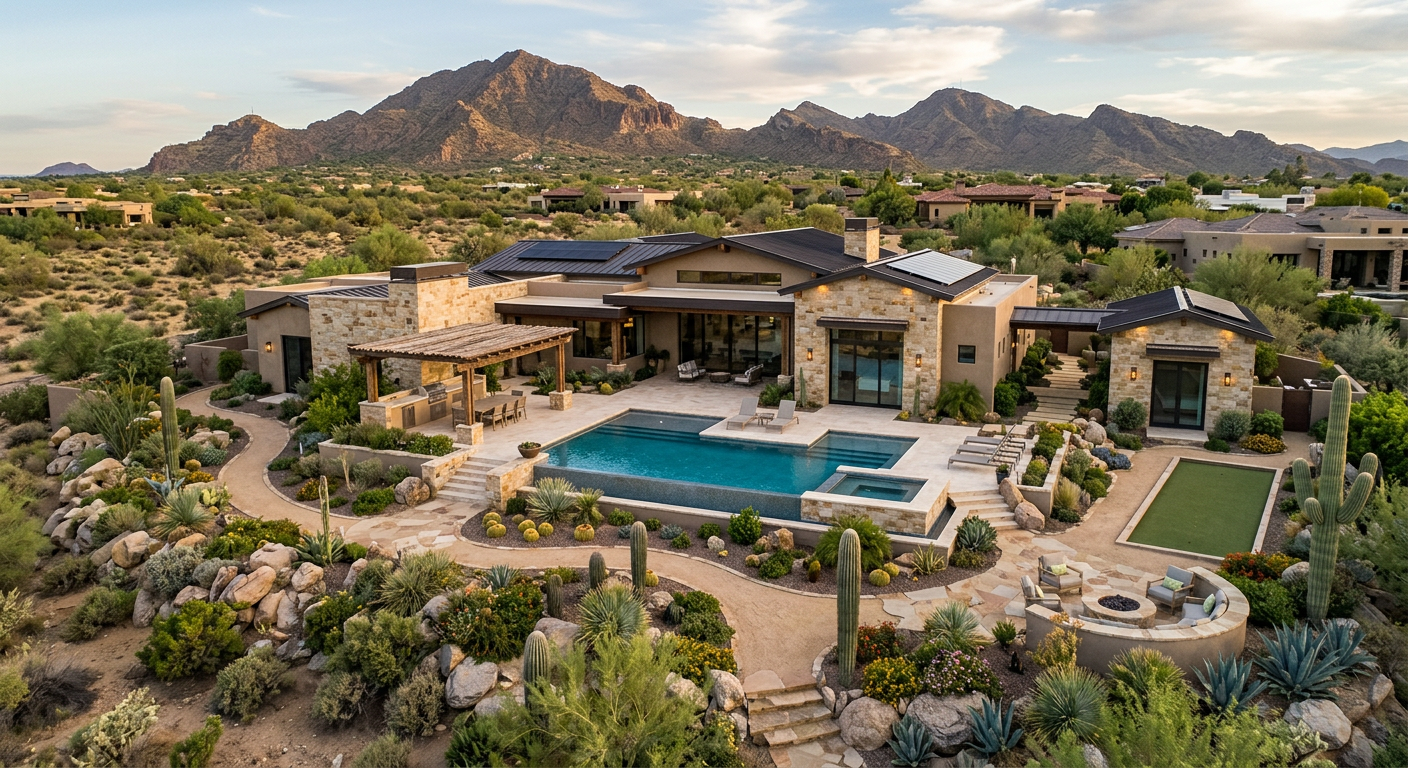 Luxury Landscape Design Scottsdale: Lasting Outdoor Living Guide | Luxury Landscape Architecture Scottsdale & Phoenix | Waibel & Associates Photorealistic aerial view of a contemporary Scottsdale residence showing a cohesive landscape master plan, with pool terr...
