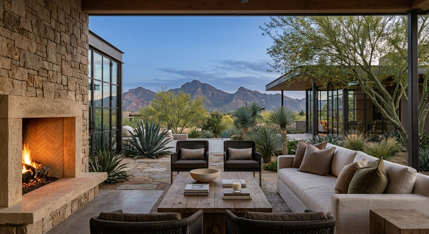 Outdoor Living Design Paradise Valley: Luxury That Lasts | Luxury Landscape Architecture Scottsdale & Phoenix | Waibel & Associates Photorealistic close-to-wide view of a refined desert outdoor living room in Paradise Valley, with a limestone fireplace, ...