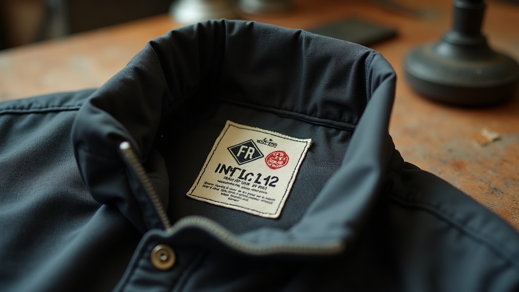 Etiqueta de certificación ignífuga en el cuello interior de una chaqueta de trabajo