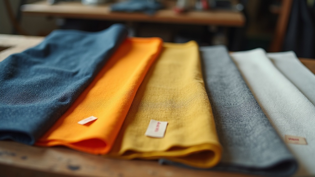 Diferentes tipos de tela para ropa de trabajo sobre banco de carpintería