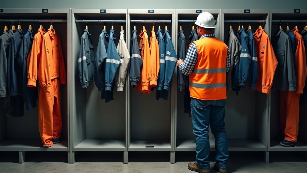Trabajador revisando tipos de ropa laboral en vestuario de obra