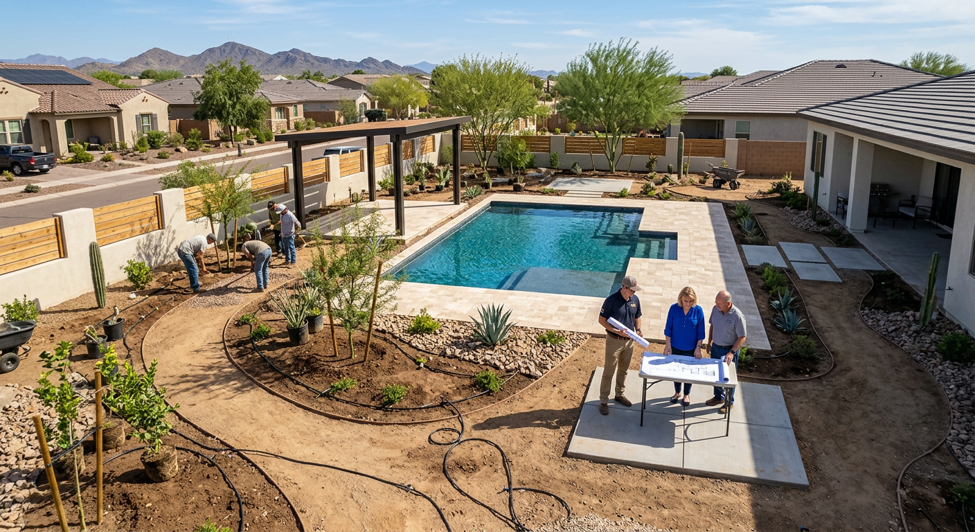 Photorealistic aerial view of a refined Tempe backyard design in progress, showing a pool terrace, shade structure, native...