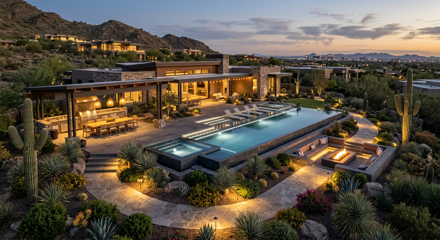 Paradise Valley Landscape Architect for Exceptional Luxury Homes | Luxury Landscape Architecture Scottsdale & Phoenix | Waibel & Associates Photorealistic aerial view of a Paradise Valley luxury backyard in early evening, showing an architecturally integrated po...