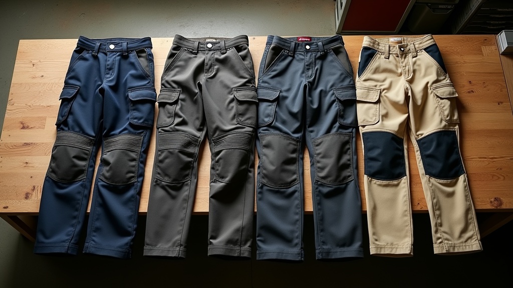 Comparación de pantalones workwear de distintas marcas sobre banco de trabajo