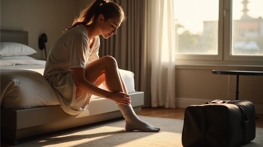 Woman putting on compression socks before a flight