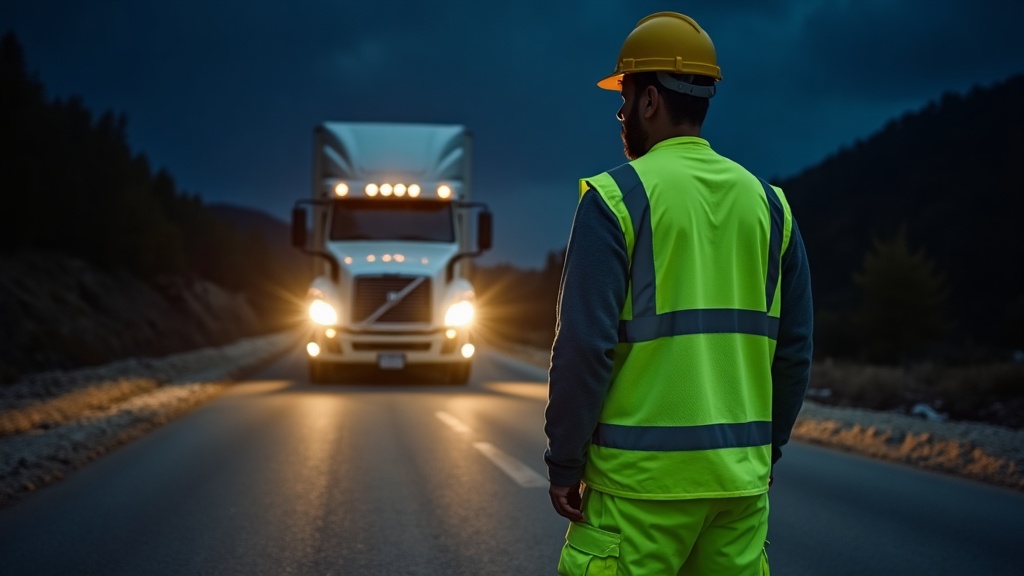 Trabajador con ropa reflectante Clase 3 visible de noche en carretera