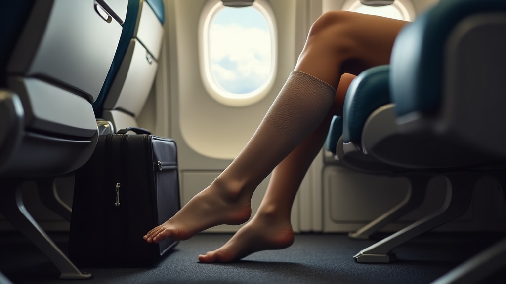 Woman wearing compression socks on an airplane for flying