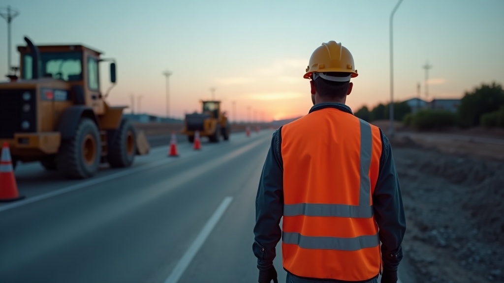 Trabajador con ropa de trabajo reflectante en obra vial al atardecer