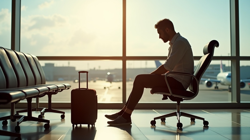 Traveler putting on compression socks at airport gate before boarding