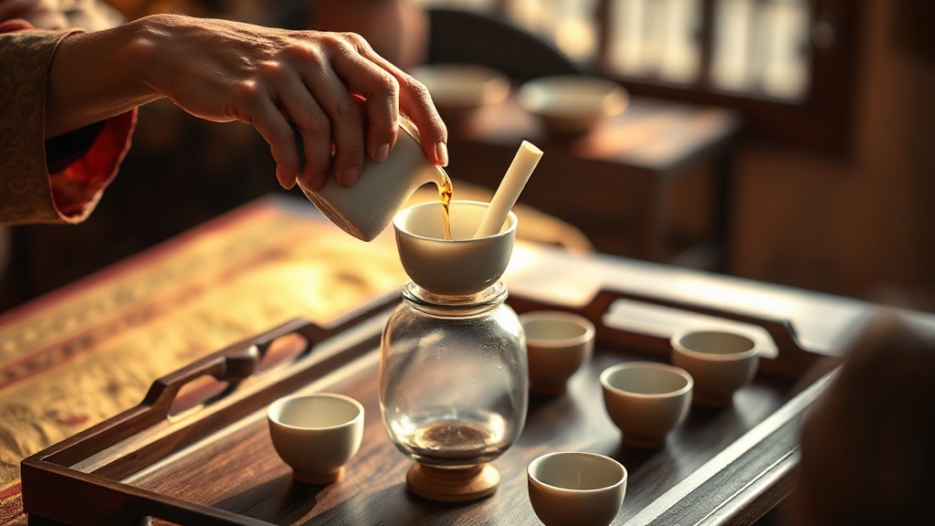 Mains versant du thé depuis un gaiwan en porcelaine blanche vers un pichet en verre