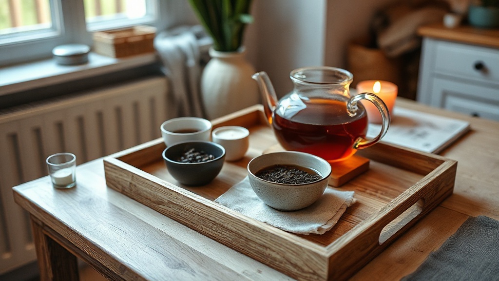 Plateau en bois avec théière en verre et thé en vrac pour un rituel du matin