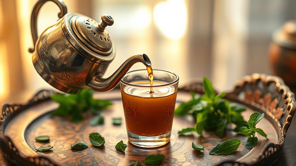 Théière marocaine versant le thé à la menthe de haut dans un verre décoré
