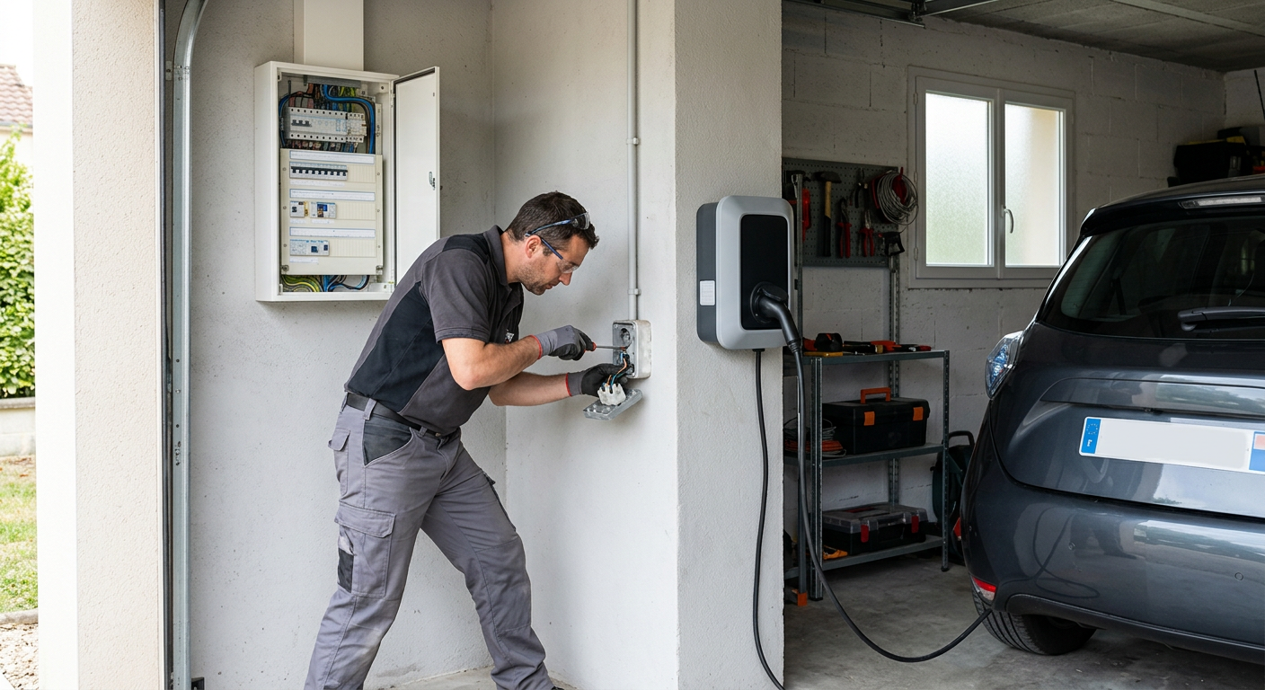 Installateur professionnel remplace une ancienne prise par une borne de recharge électrique IRVE dans un garage résidentiel moderne sécurisé
