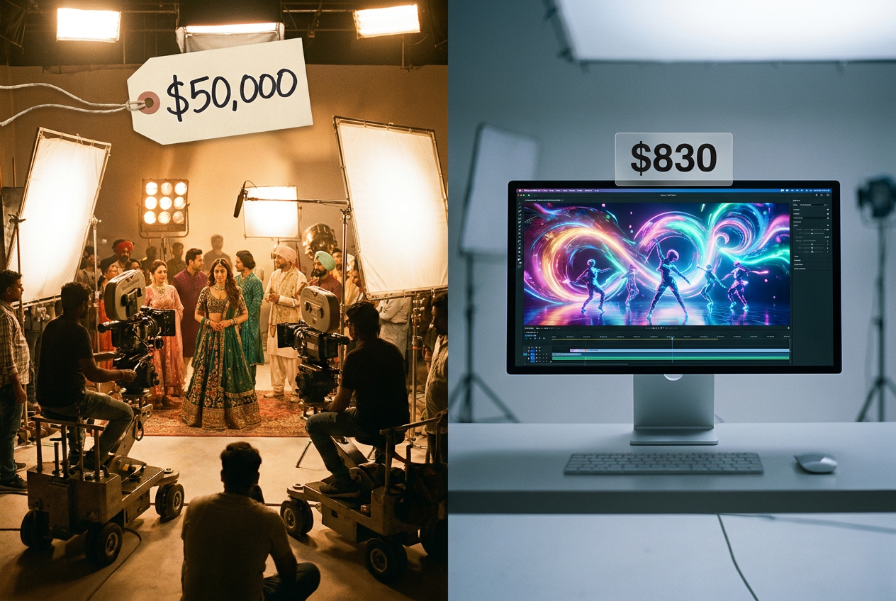 A split-screen comparison showing a traditional Bollywood music video film set on the left with cameras, lights, crew, and elaborate costumes, and on the right a sleek computer workstation with an AI-generated vibrant music video scene on screen, glowing with colorful visual effects. A price tag showing $50,000 hangs over the traditional set, while $830 appears over the AI workstation.