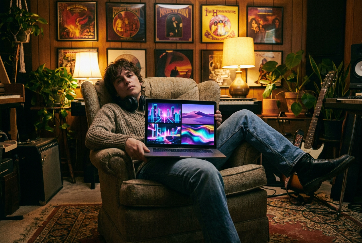 A young independent musician sitting in a cozy home studio bedroom with headphones around their neck, looking at a laptop screen showing a grid of AI-generated music video thumbnails for different songs. Colorful album art posters on the wall behind them. Soft warm lamp light. The screen glows with vibrant AI-generated scenes — a neon city, a desert landscape, an abstract wave of color — each thumbnail representing a different song getting its visual companion.