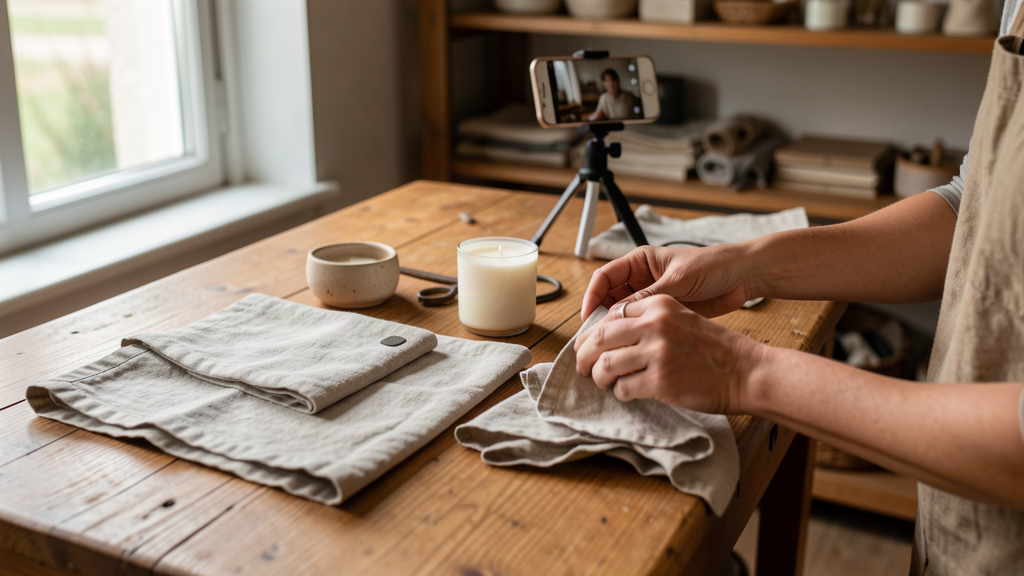 Mise en scène de produits artisanaux filmée pour les réseaux sociaux d'une boutique e-commerce