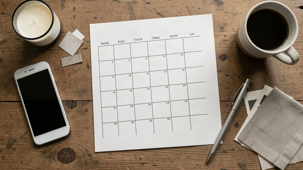 Calendrier éditorial papier posé sur un bureau, téléphone retourné, échantillons de produits