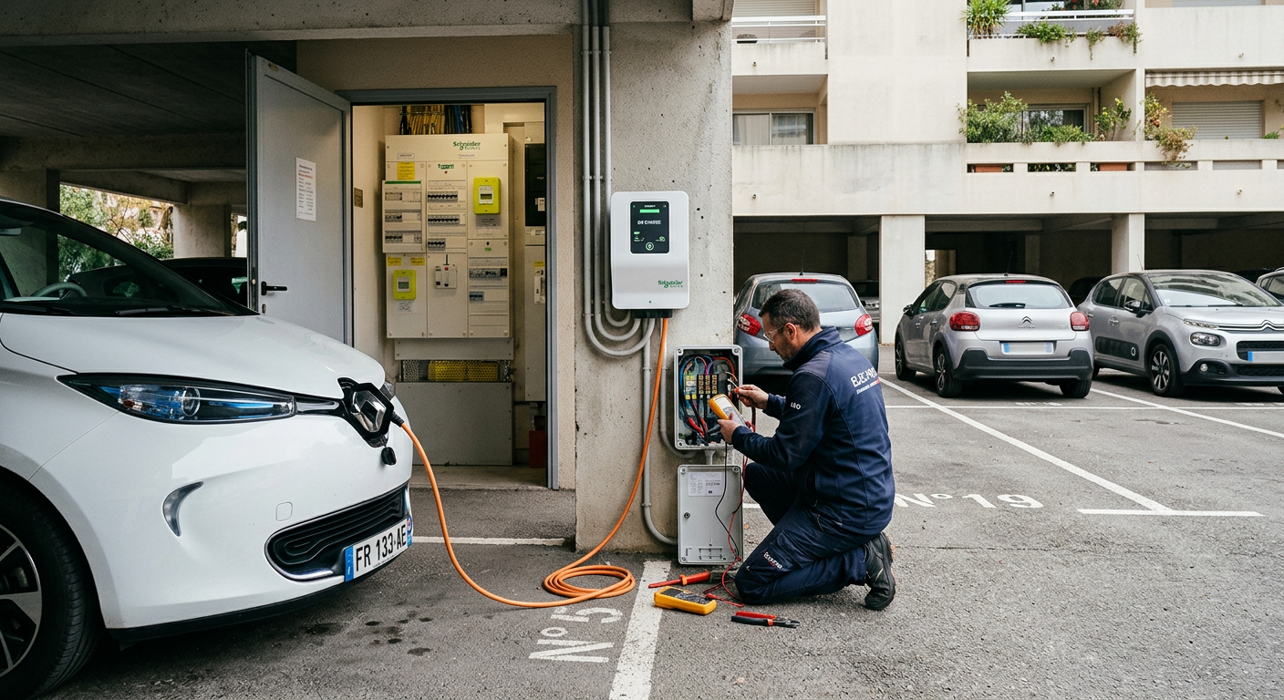Borne de recharge électrique installée dans un parking collectif de copropriété avec un installateur vérifiant les branchements