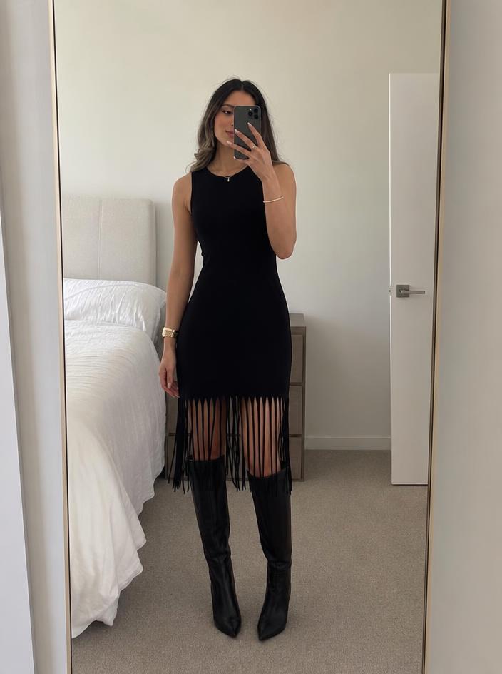 Black Sleeveless Fringe-Hem Mini Dress – Very Good