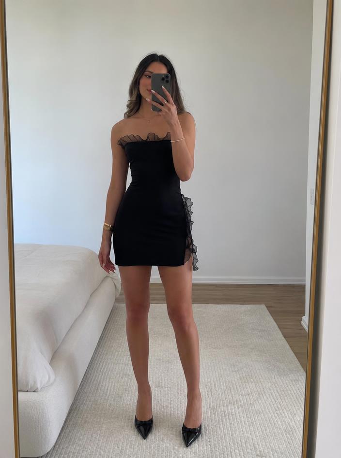 Black Fitted Dress with Sheer Ruffle Detail – Needs Repair