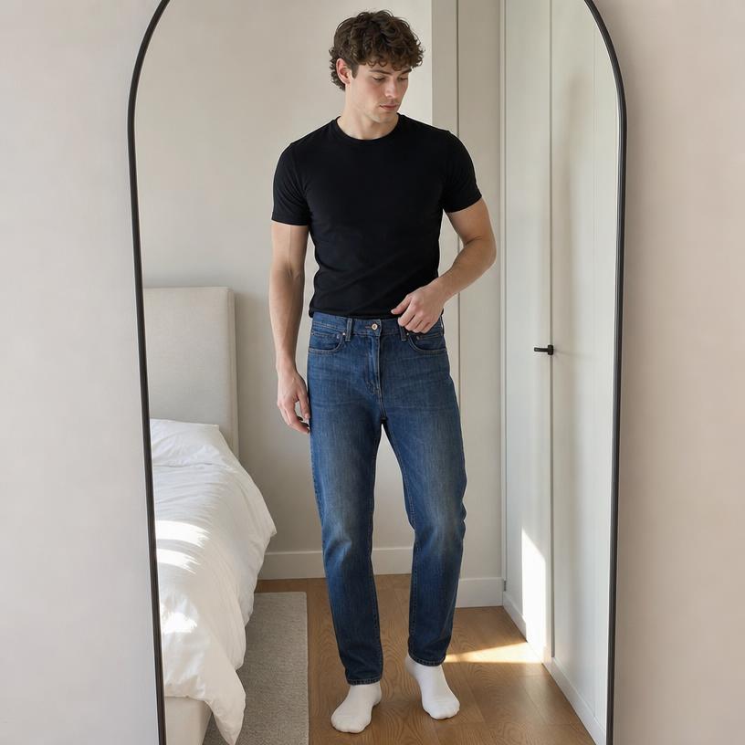 Blue slim-fit jeans with faded thigh detail – very good